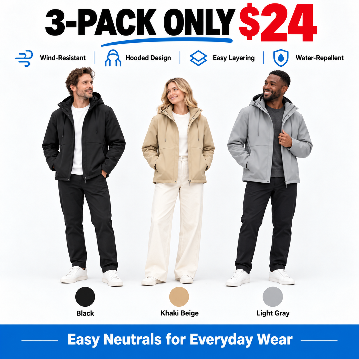 Unisex Hooded Wind-Resistant Jacket - Water-Repellent Full-Zip Outerwear for Everyday Comfort