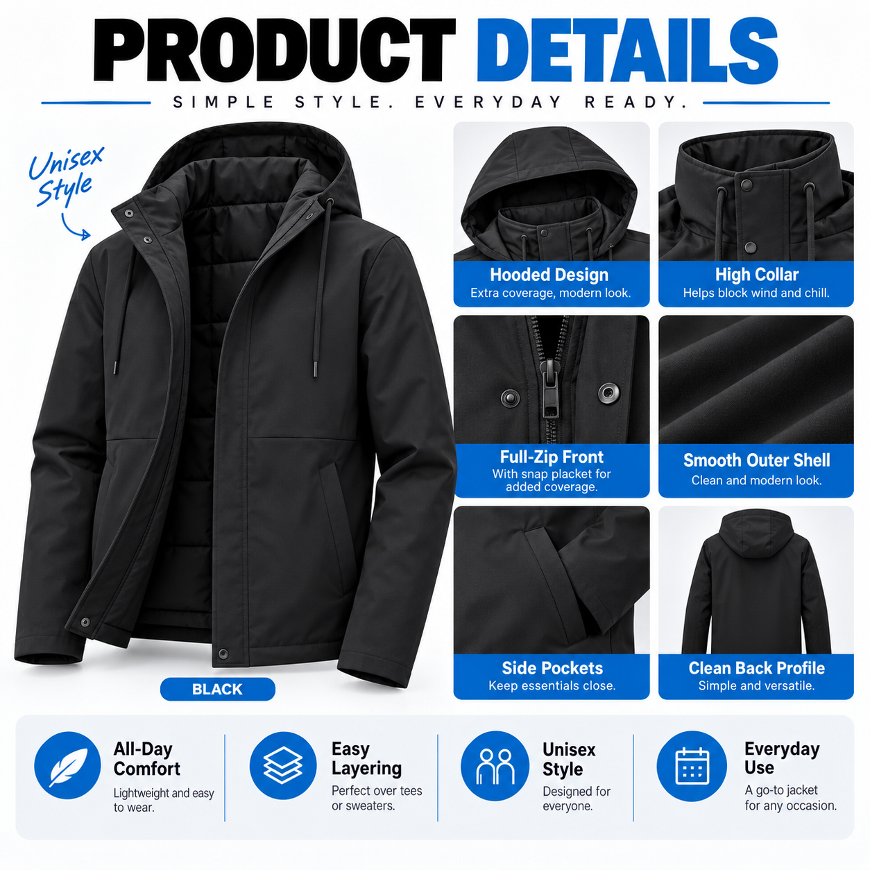 Unisex Hooded Wind-Resistant Jacket - Water-Repellent Full-Zip Outerwear for Everyday Comfort
