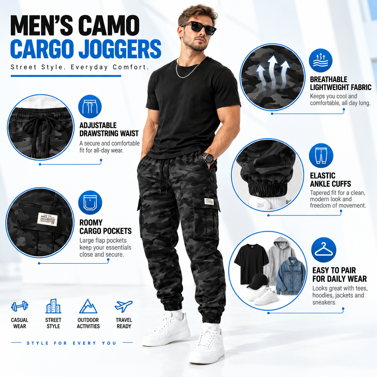 Men's Tactical Camo Pants - Lightweight Quick-Dry Multi-Pocket Hiking & Work Trousers