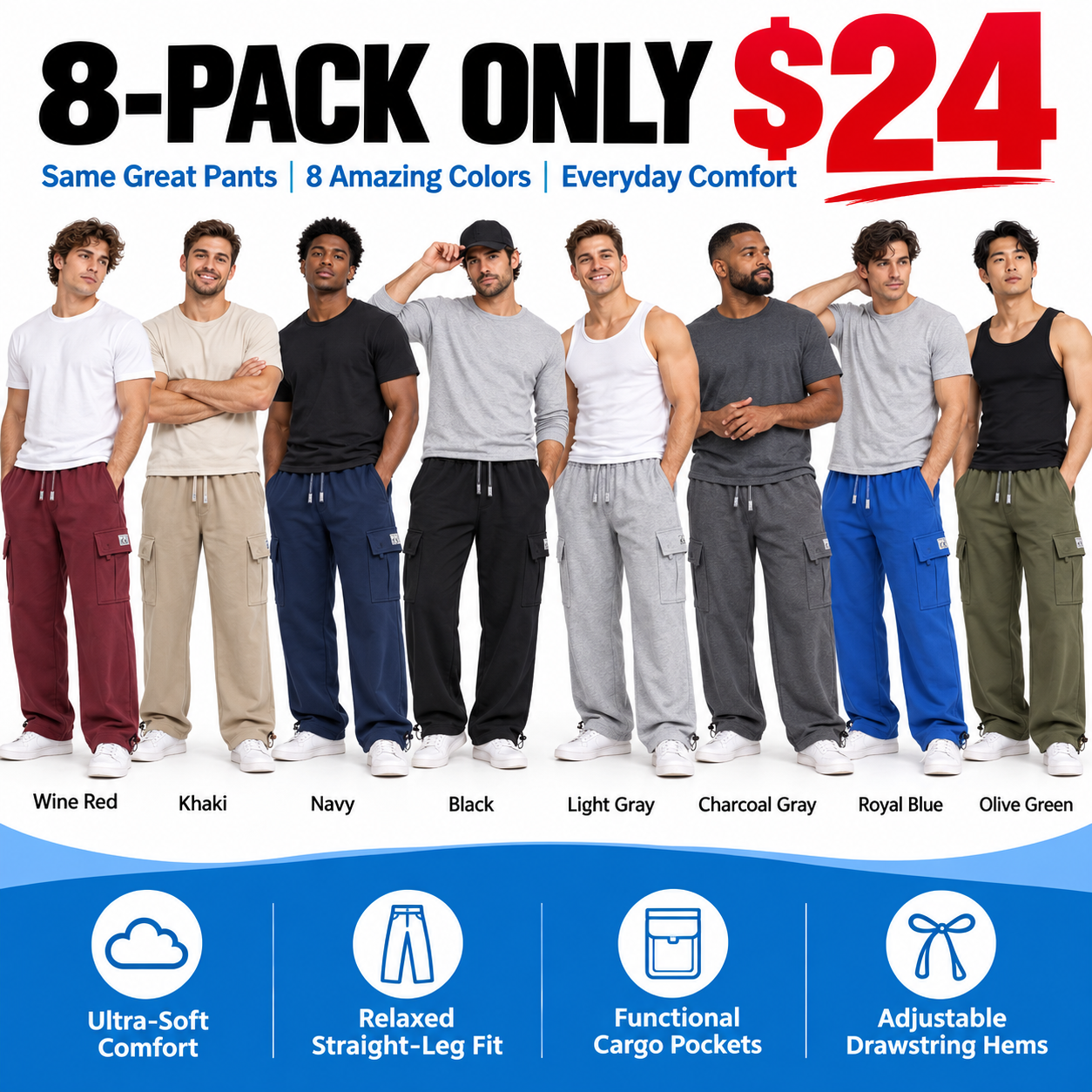Men's Heavyweight Cargo Sweatpants – 6-Pocket Fleece Jogger with Drawstring Waist