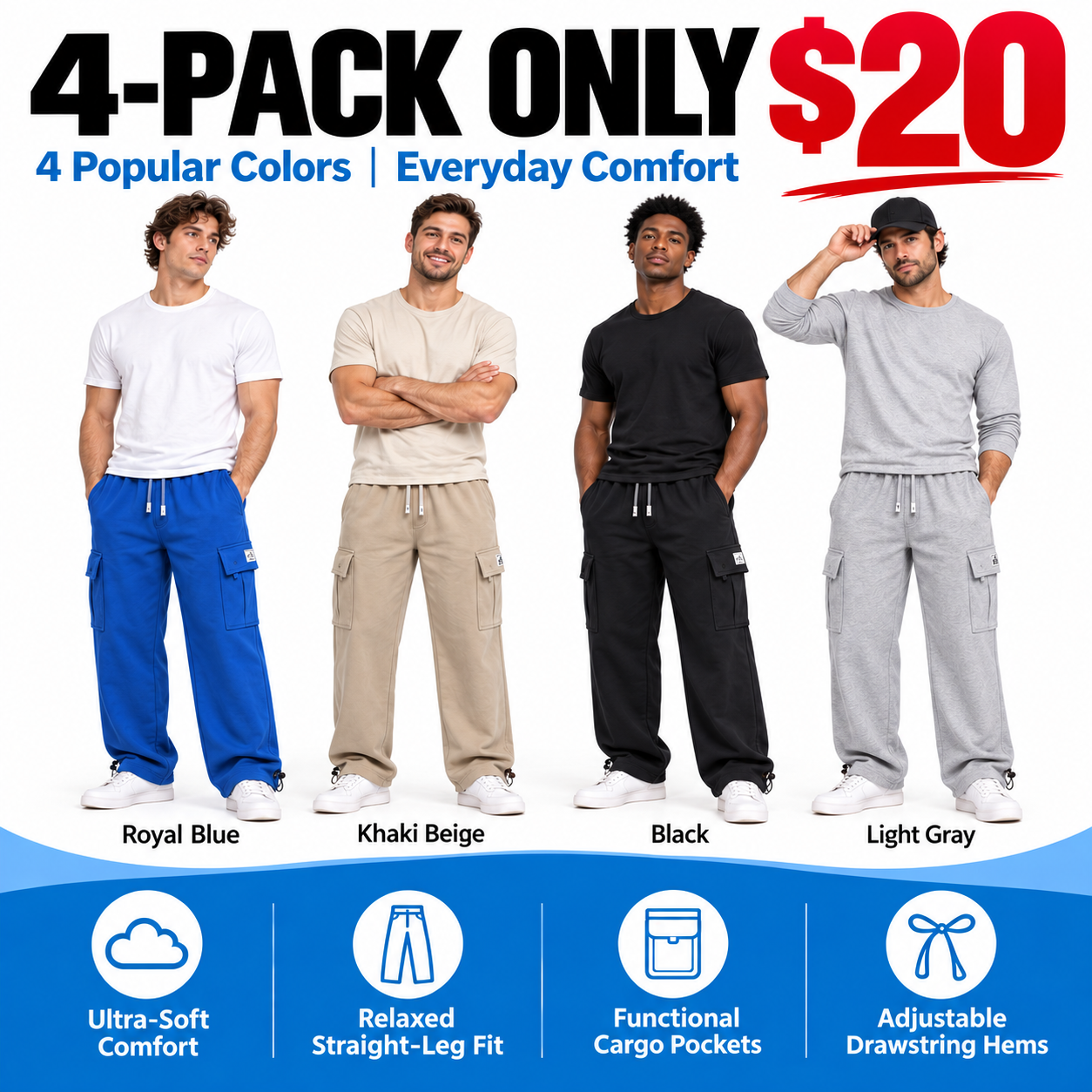 Men's Heavyweight Cargo Sweatpants – 6-Pocket Fleece Jogger with Drawstring Waist