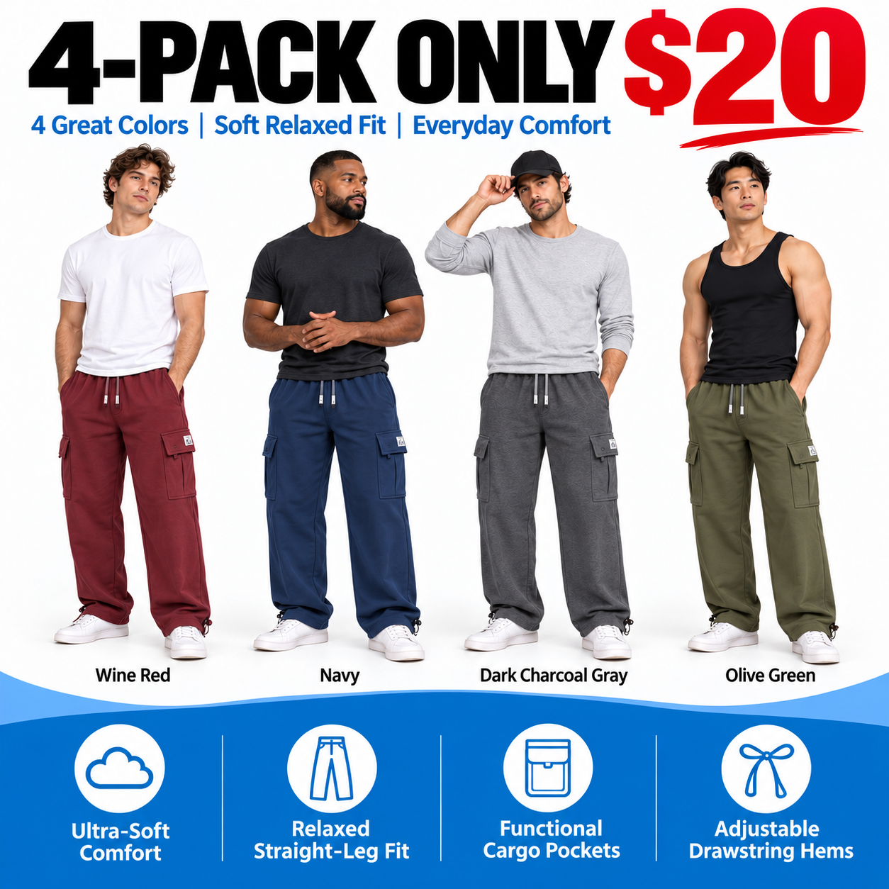 Men's Heavyweight Cargo Sweatpants – 6-Pocket Fleece Jogger with Drawstring Waist
