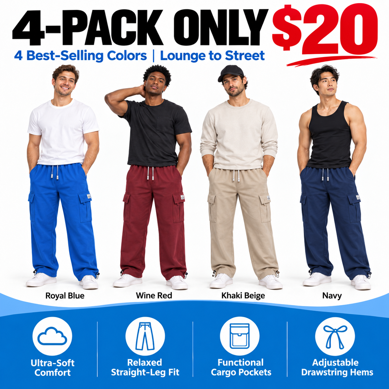 Men's Heavyweight Cargo Sweatpants – 6-Pocket Fleece Jogger with Drawstring Waist