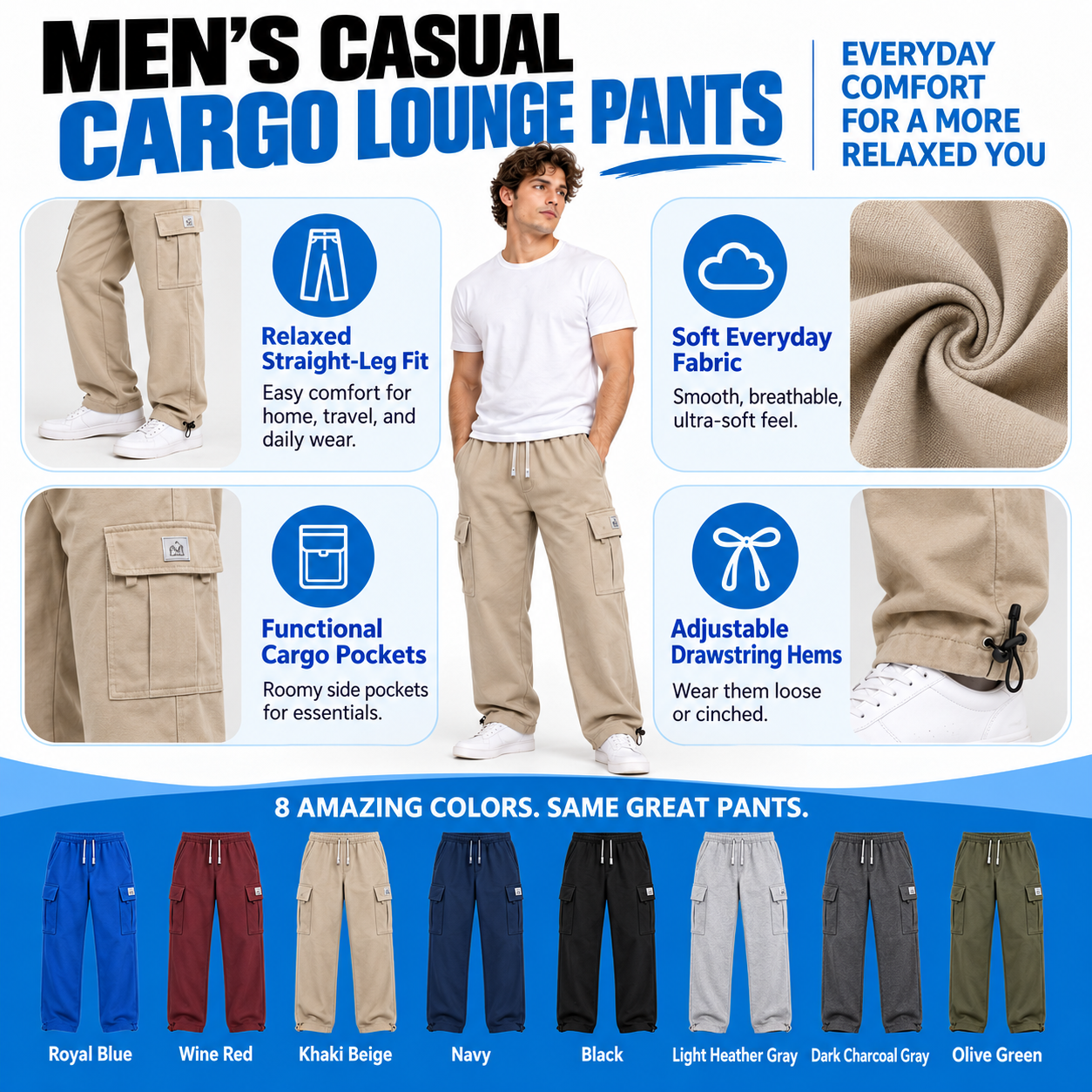 Men's Heavyweight Cargo Sweatpants – 6-Pocket Fleece Jogger with Drawstring Waist