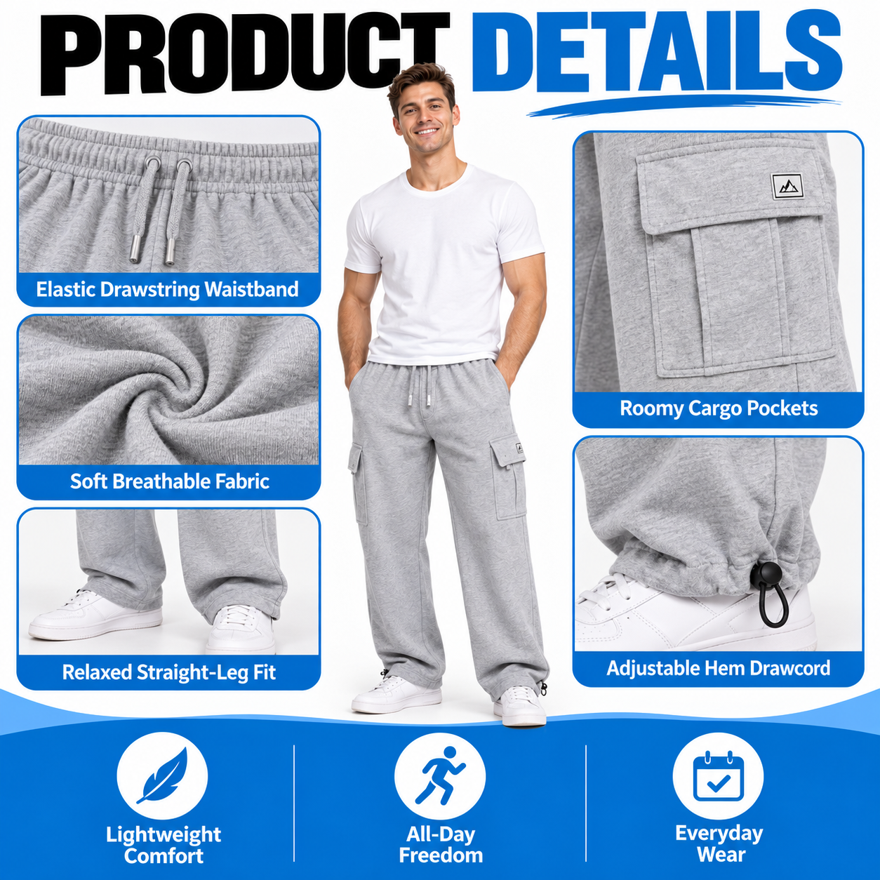 Men's Heavyweight Cargo Sweatpants – 6-Pocket Fleece Jogger with Drawstring Waist