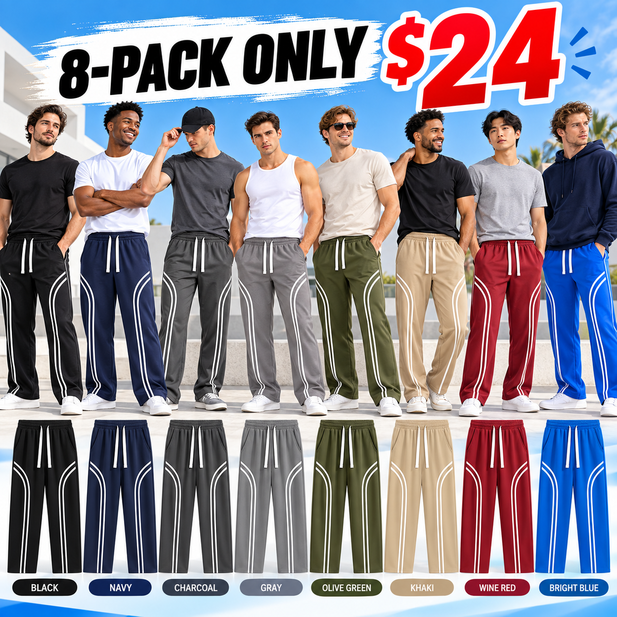Men's Cotton-Lined Stripe Sweatpants – Loose-Fit Elastic Waist Active & Streetwear Pants