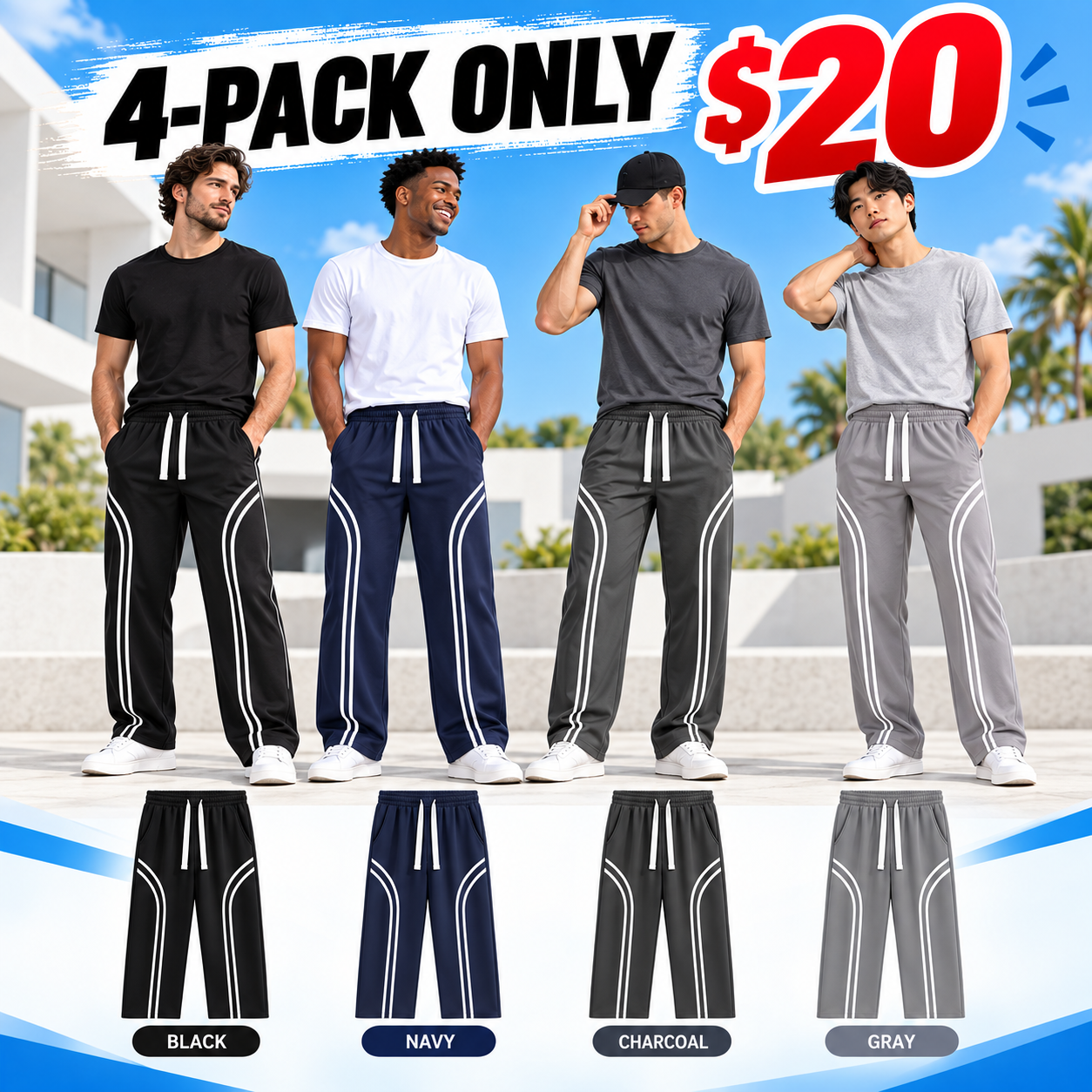 Men's Cotton-Lined Stripe Sweatpants – Loose-Fit Elastic Waist Active & Streetwear Pants