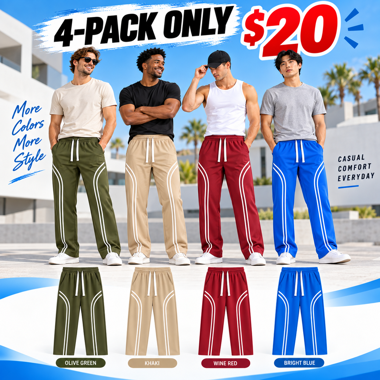 Men's Cotton-Lined Stripe Sweatpants – Loose-Fit Elastic Waist Active & Streetwear Pants