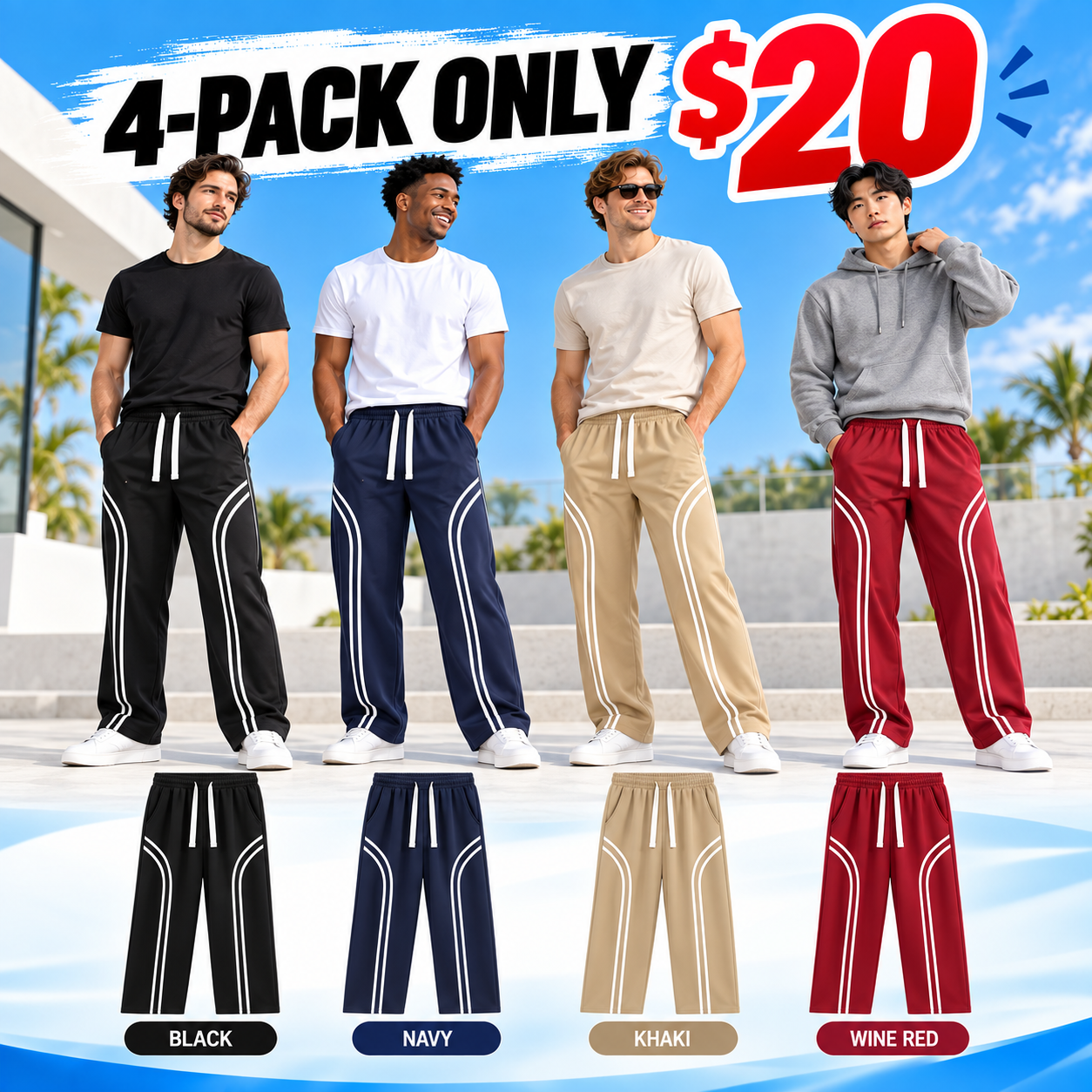 Men's Cotton-Lined Stripe Sweatpants – Loose-Fit Elastic Waist Active & Streetwear Pants