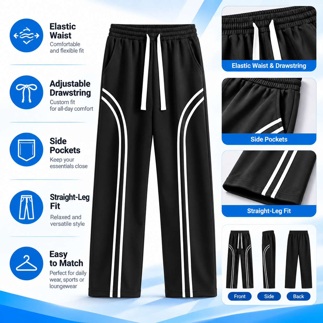 Men's Cotton-Lined Stripe Sweatpants – Loose-Fit Elastic Waist Active & Streetwear Pants