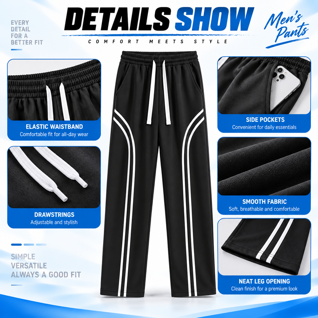 Men's Cotton-Lined Stripe Sweatpants – Loose-Fit Elastic Waist Active & Streetwear Pants