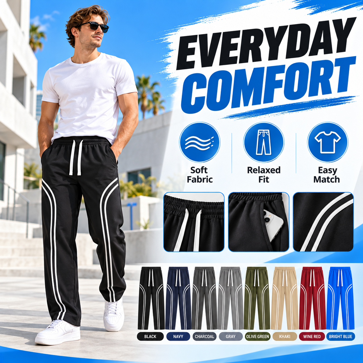 Men's Cotton-Lined Stripe Sweatpants – Loose-Fit Elastic Waist Active & Streetwear Pants