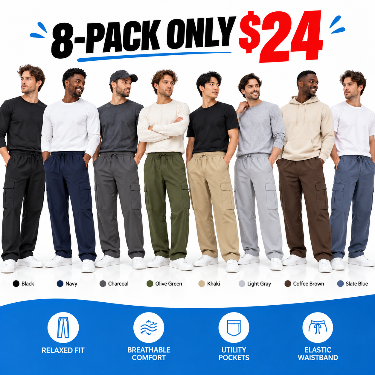 Men's Relaxed Fit Cargo Pants - Elastic Drawstring Waist Straight Leg Casual Trousers