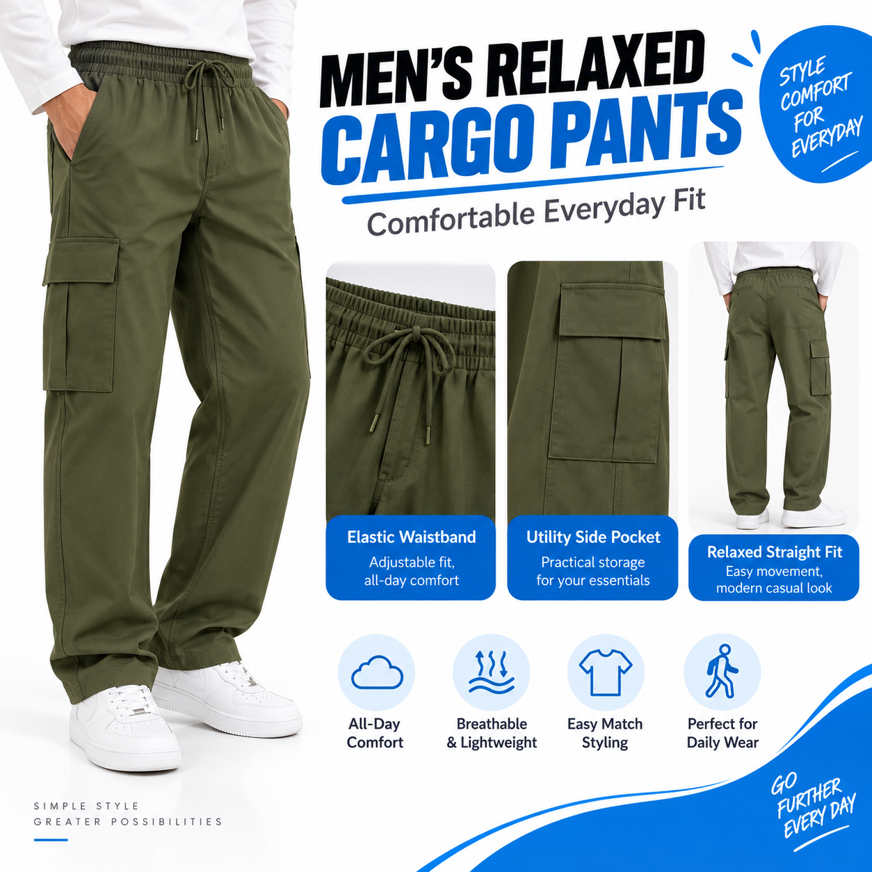 Men's Relaxed Fit Cargo Pants - Elastic Drawstring Waist Straight Leg Casual Trousers