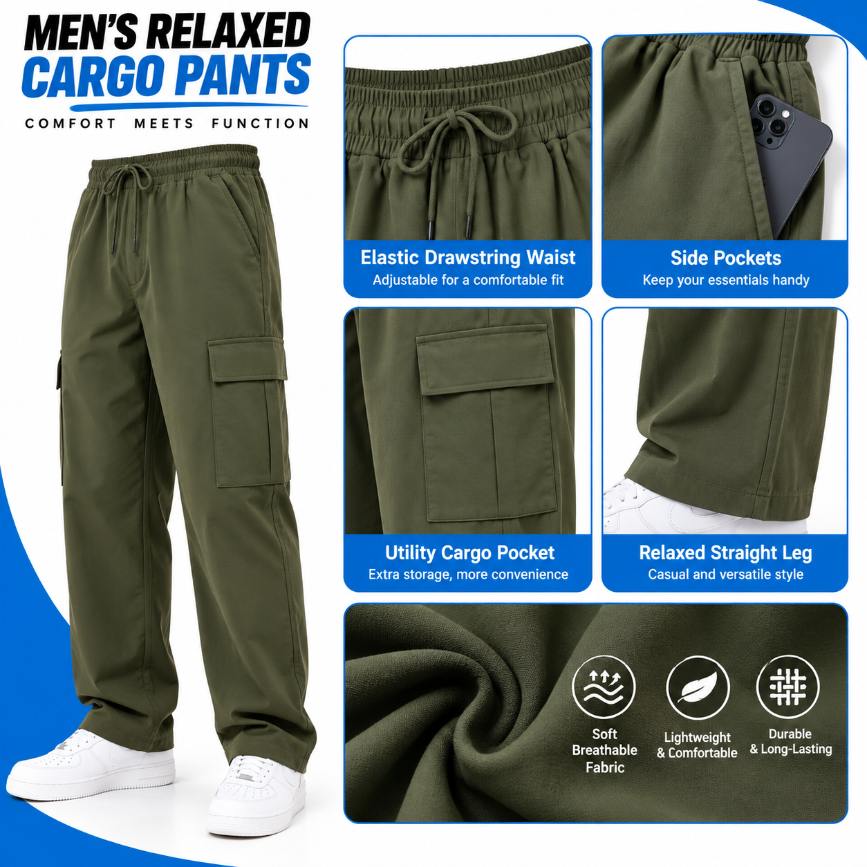 Men's Relaxed Fit Cargo Pants - Elastic Drawstring Waist Straight Leg Casual Trousers