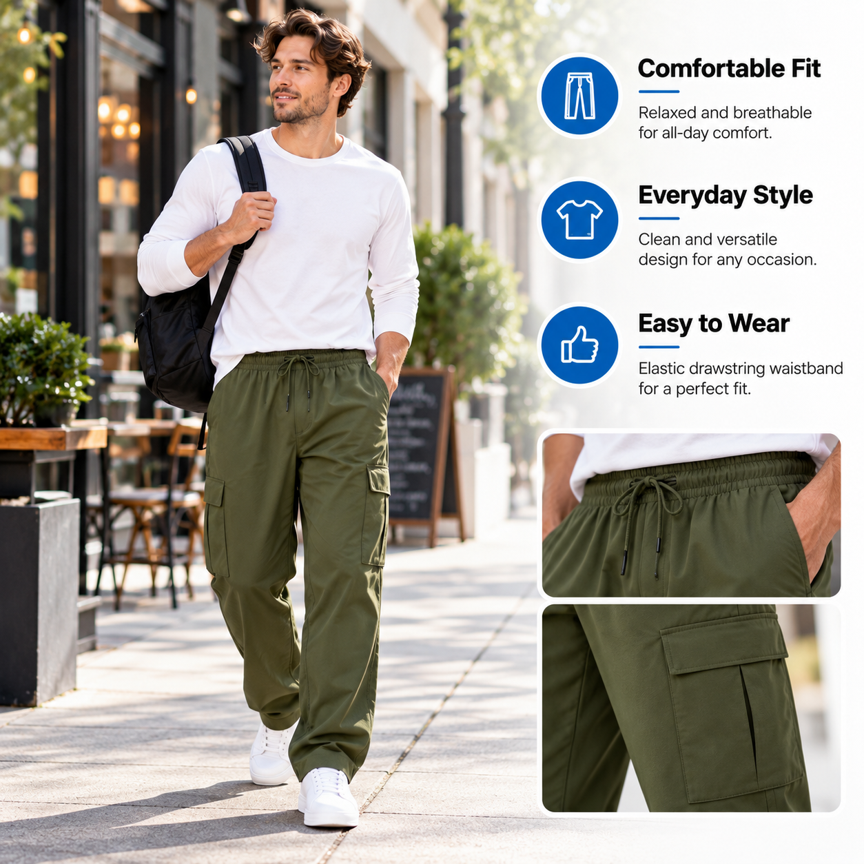 Men's Relaxed Fit Cargo Pants - Elastic Drawstring Waist Straight Leg Casual Trousers