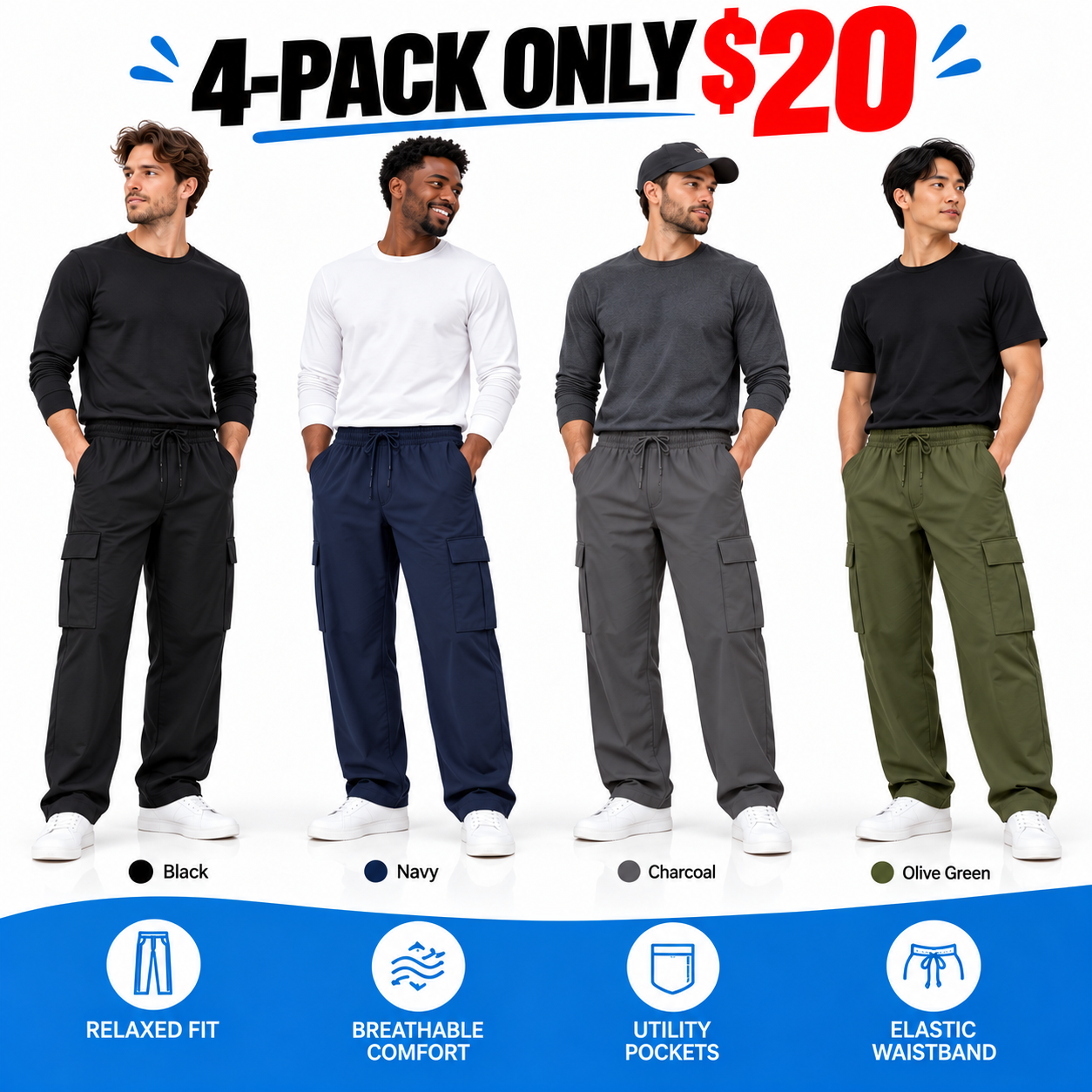 Men's Relaxed Fit Cargo Pants - Elastic Drawstring Waist Straight Leg Casual Trousers