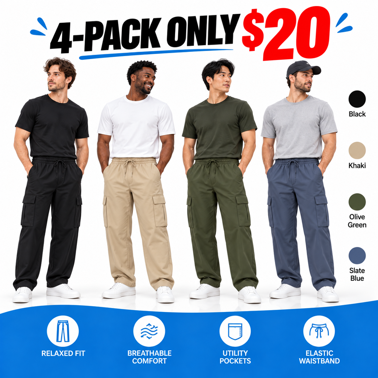 Men's Relaxed Fit Cargo Pants - Elastic Drawstring Waist Straight Leg Casual Trousers