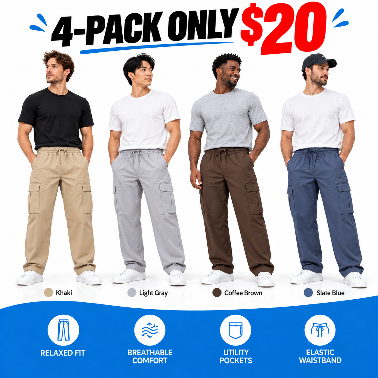 Men's Relaxed Fit Cargo Pants - Elastic Drawstring Waist Straight Leg Casual Trousers