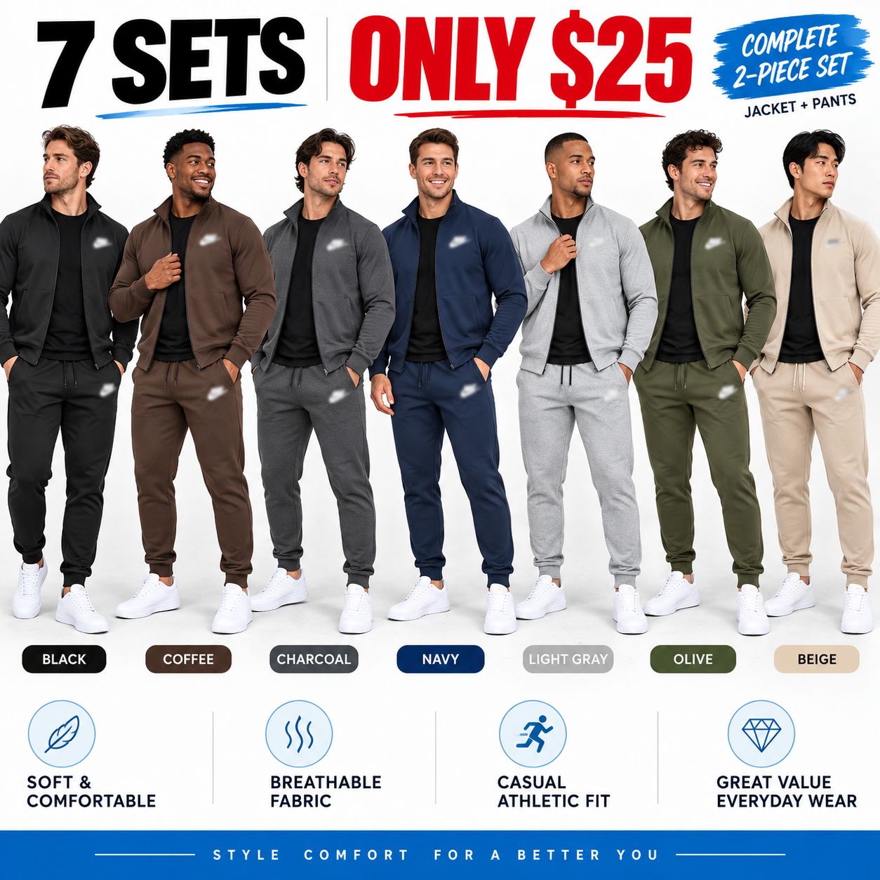 Men's 2-Piece Casual Tracksuit Set – Full-Zip Stand Collar Jacket & Tapered Jogger Pants