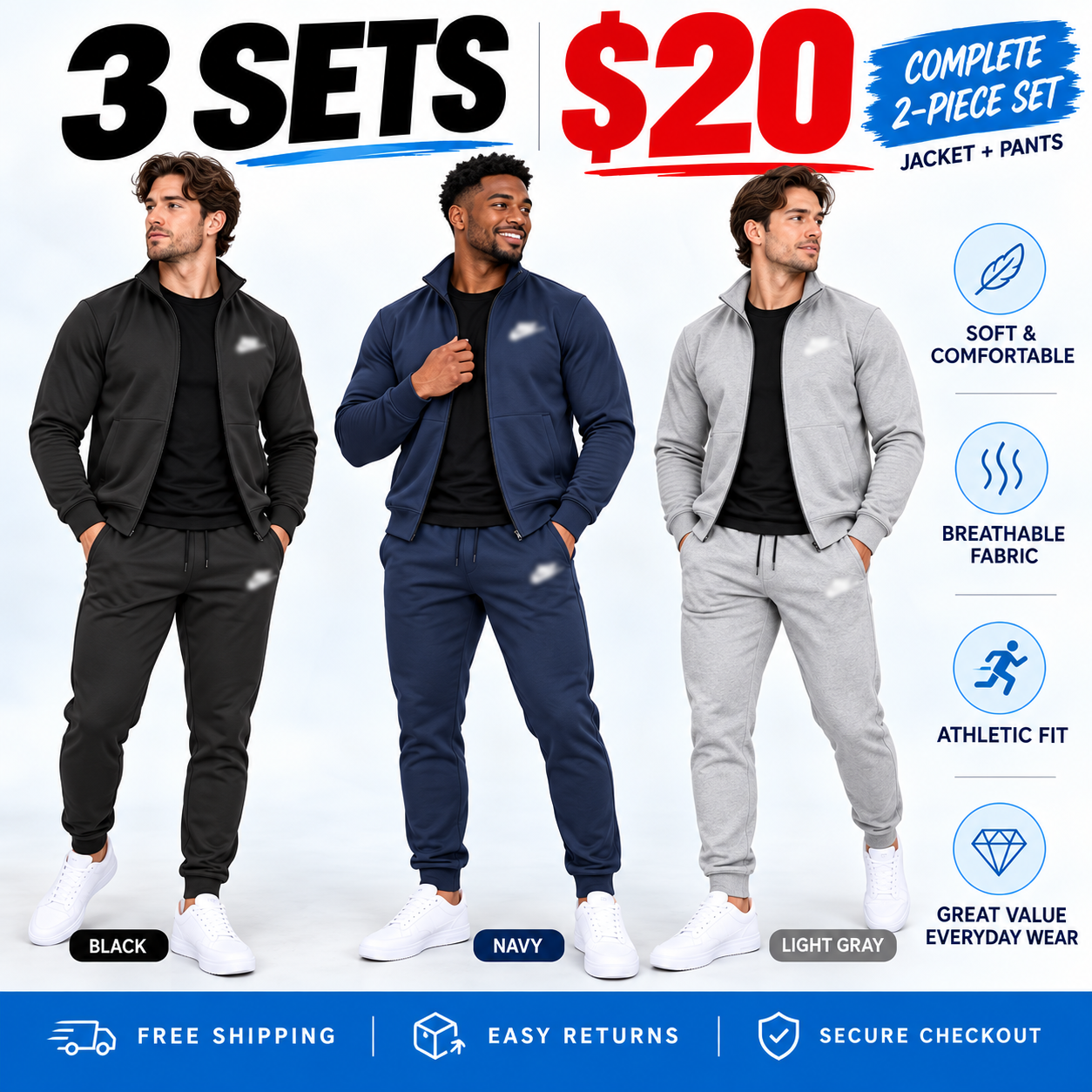 Men's 2-Piece Casual Tracksuit Set – Full-Zip Stand Collar Jacket & Tapered Jogger Pants