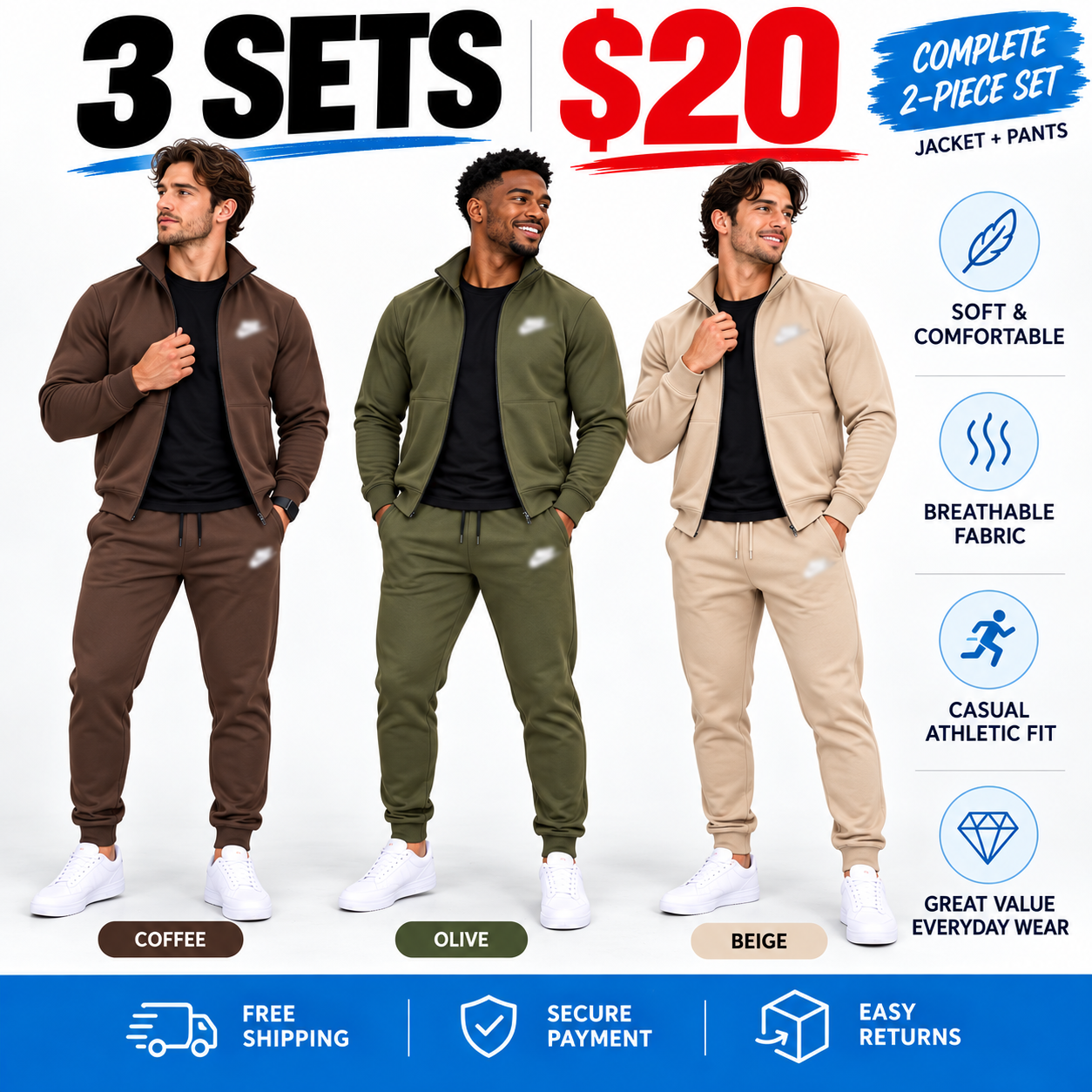 Men's 2-Piece Casual Tracksuit Set – Full-Zip Stand Collar Jacket & Tapered Jogger Pants