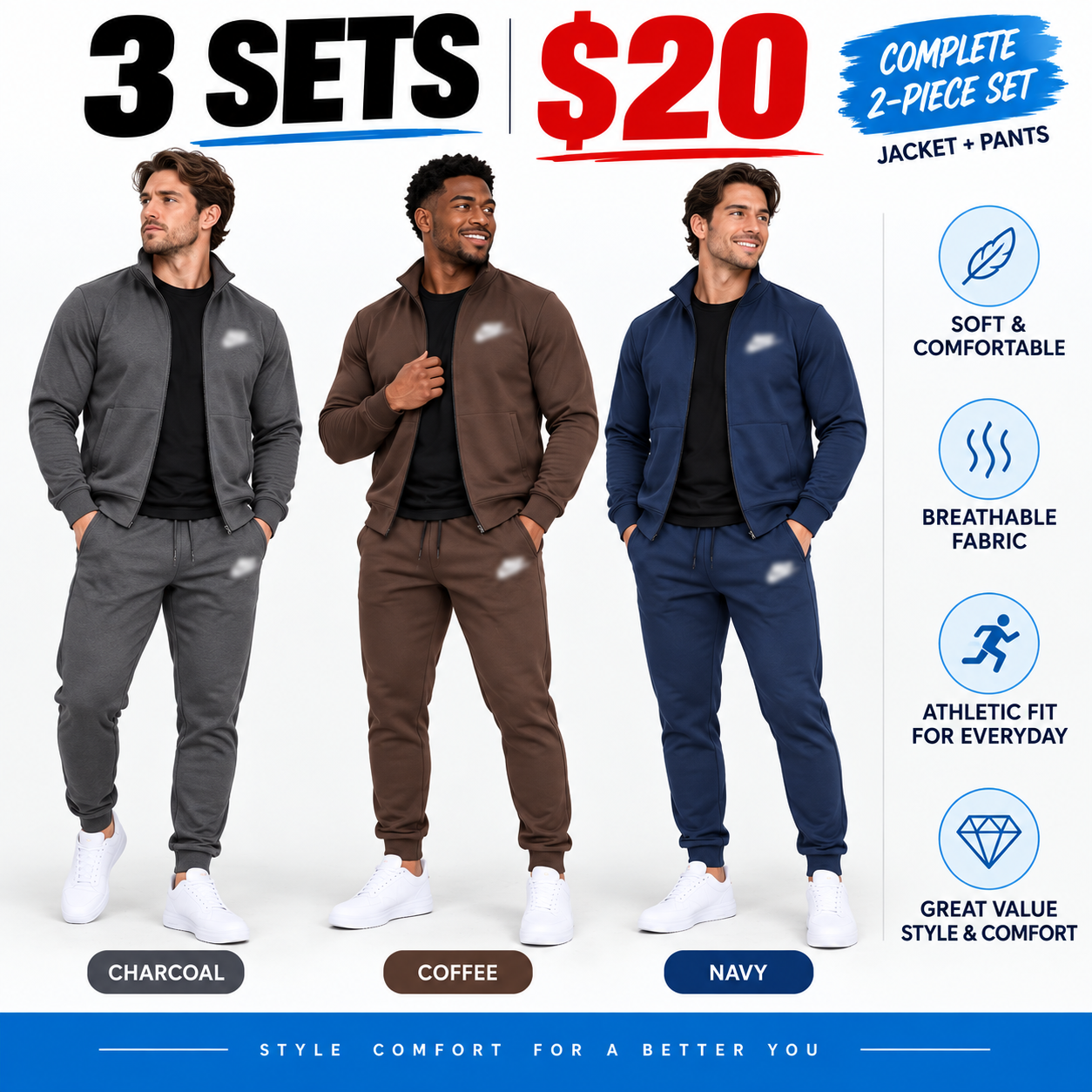Men's 2-Piece Casual Tracksuit Set – Full-Zip Stand Collar Jacket & Tapered Jogger Pants