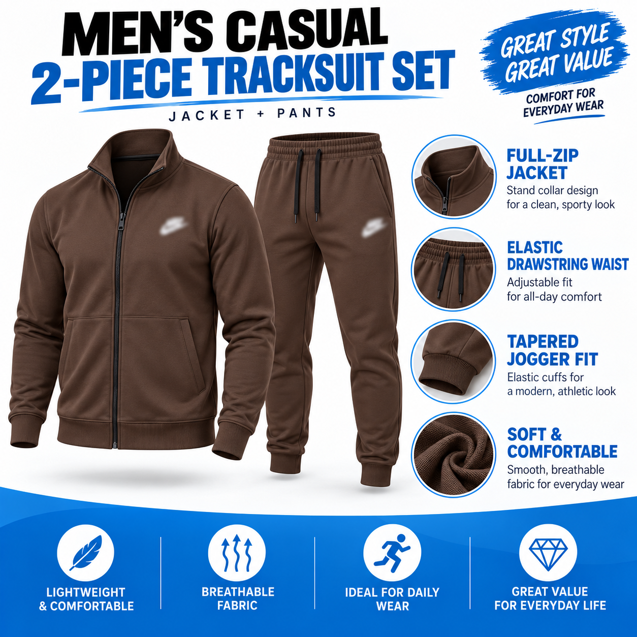 Men's 2-Piece Casual Tracksuit Set – Full-Zip Stand Collar Jacket & Tapered Jogger Pants
