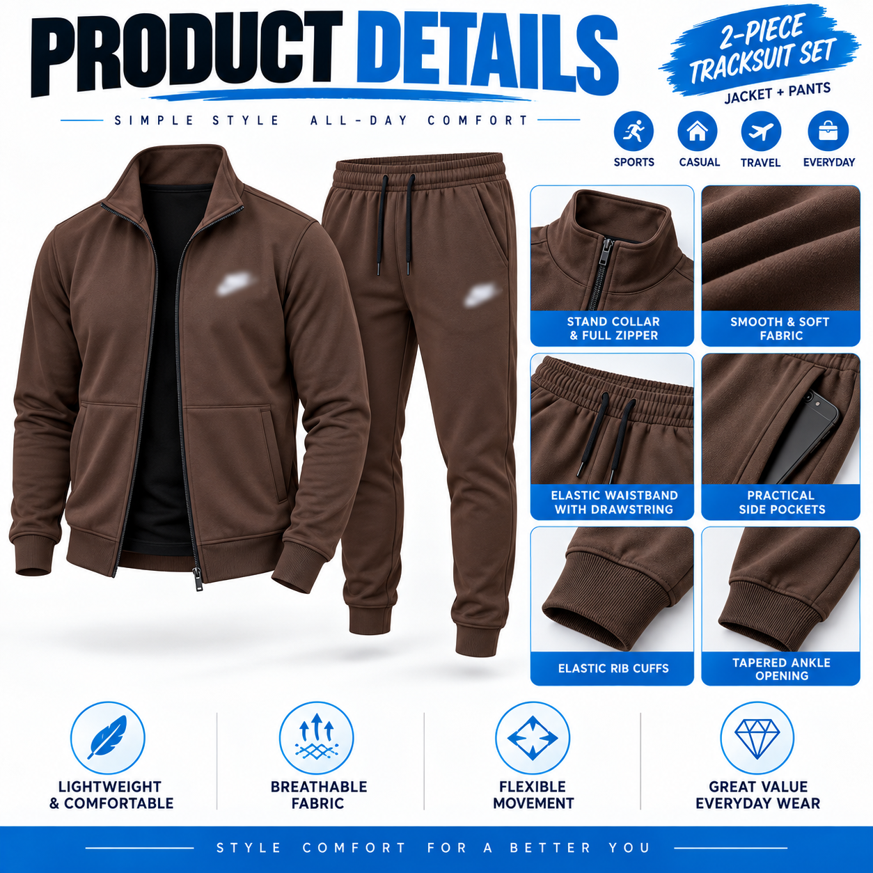 Men's 2-Piece Casual Tracksuit Set – Full-Zip Stand Collar Jacket & Tapered Jogger Pants