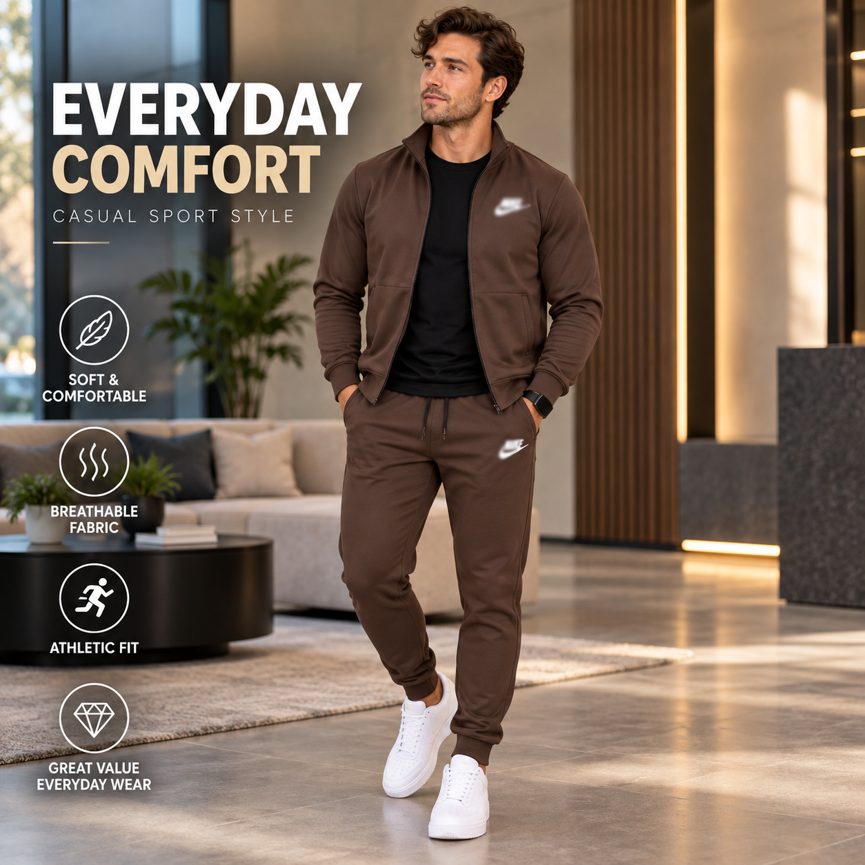 Men's 2-Piece Casual Tracksuit Set – Full-Zip Stand Collar Jacket & Tapered Jogger Pants