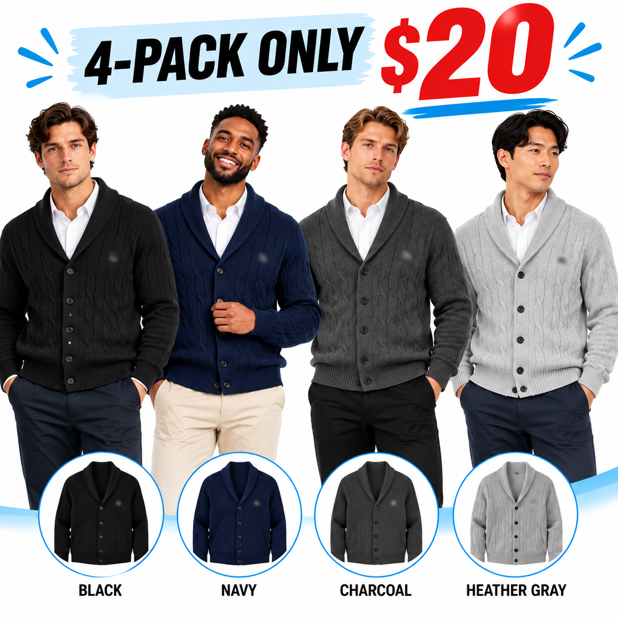 Men's Cable Knit Shawl Collar Cardigan – Soft Warm Button-Down Sweater