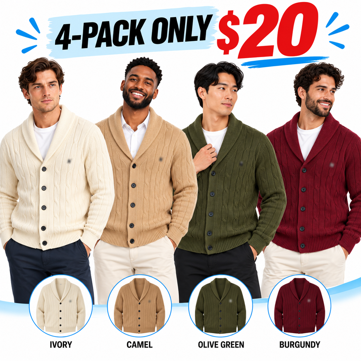 Men's Cable Knit Shawl Collar Cardigan – Soft Warm Button-Down Sweater