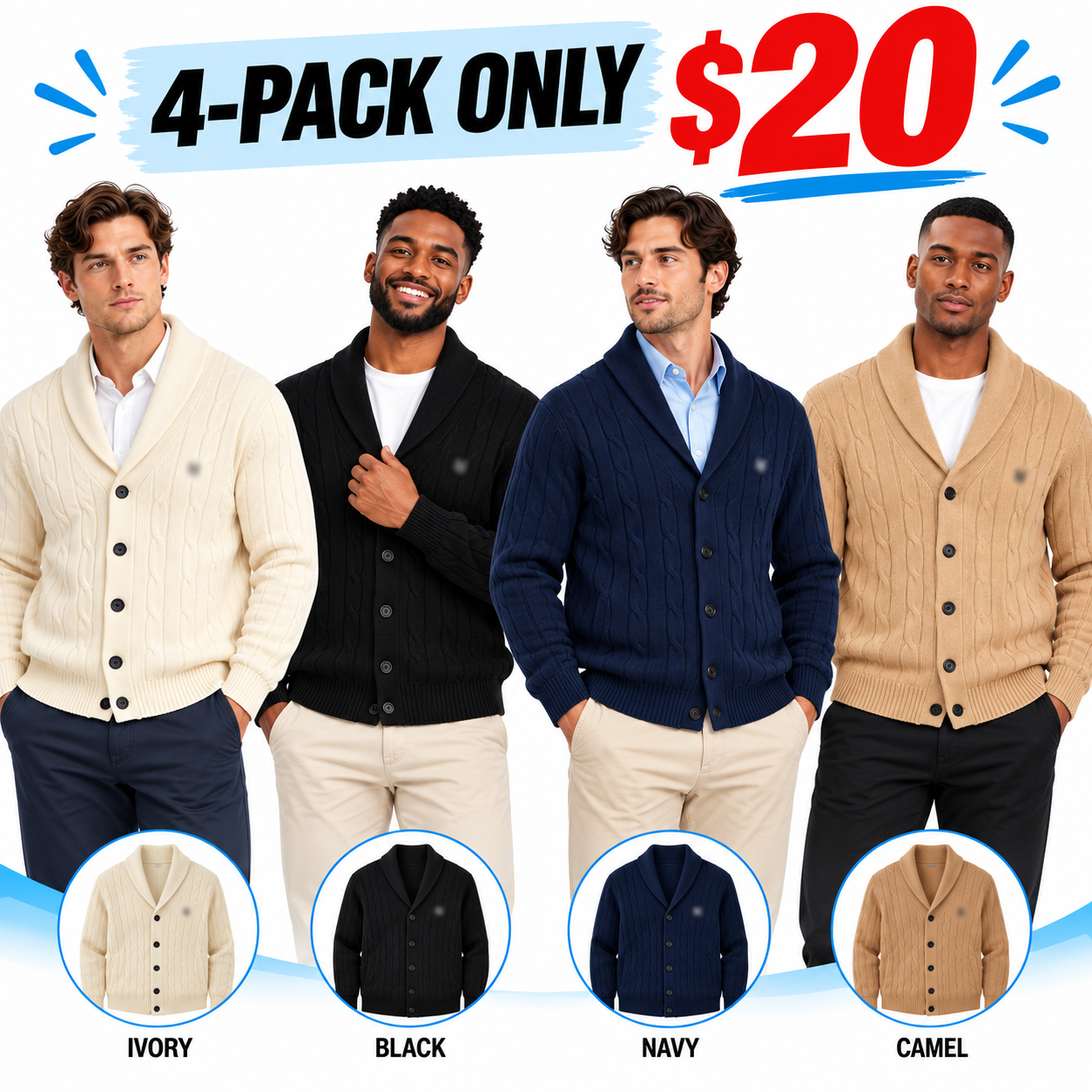 Men's Cable Knit Shawl Collar Cardigan – Soft Warm Button-Down Sweater