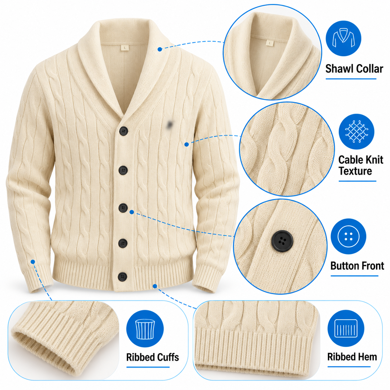 Men's Cable Knit Shawl Collar Cardigan – Soft Warm Button-Down Sweater