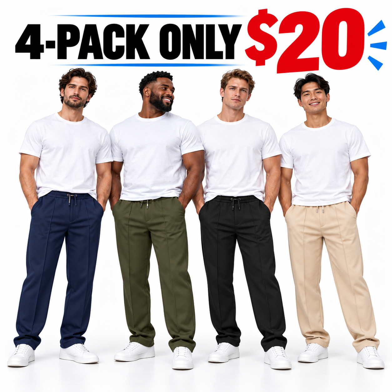 Men's Relaxed Straight-Leg Pants – Elastic Drawstring Waist Casual Trouser with Side Pockets