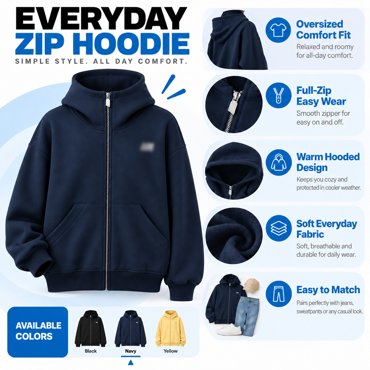 Unisex Big Hood Zip-Up Hoodie – High Neck Oversized Sweatshirt for Social Comfort