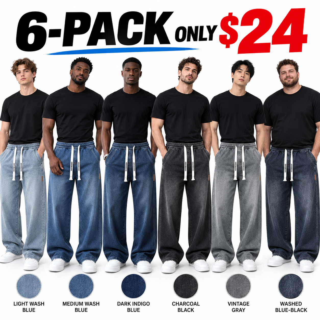 Men's Drawstring Elastic Waist Straight-Leg Jeans