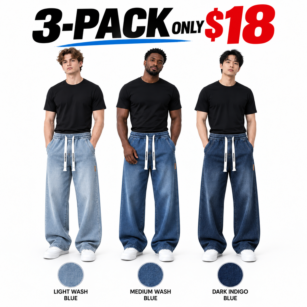 Men's Drawstring Elastic Waist Straight-Leg Jeans