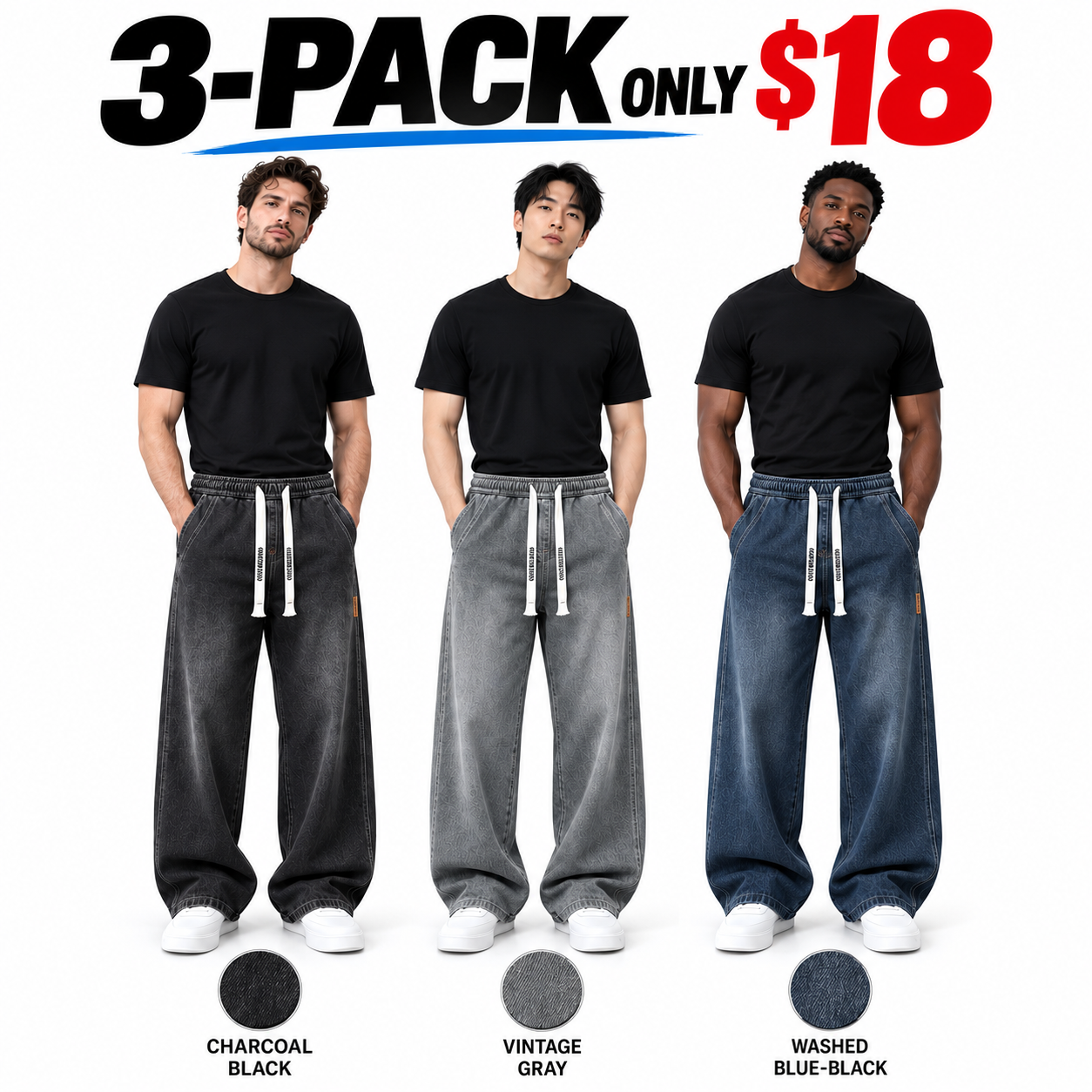 Men's Drawstring Elastic Waist Straight-Leg Jeans