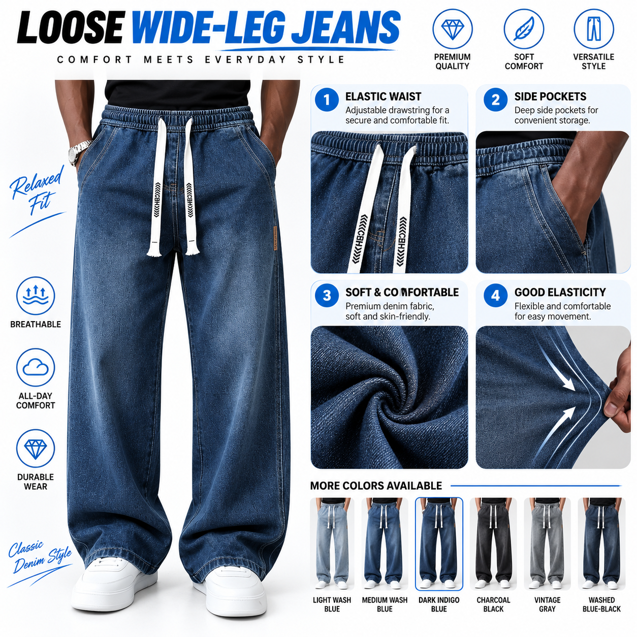 Men's Drawstring Elastic Waist Straight-Leg Jeans