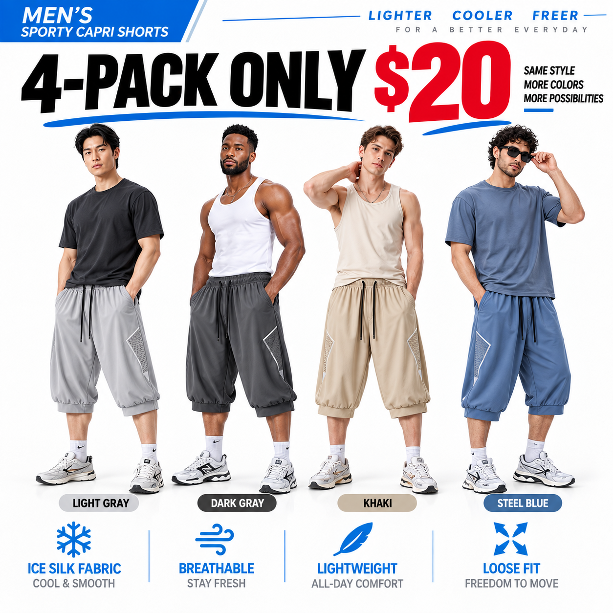 Men's Loose-Fit 3/4 Athletic Pants – Breathable Mesh Side Panel Summer Training Pants