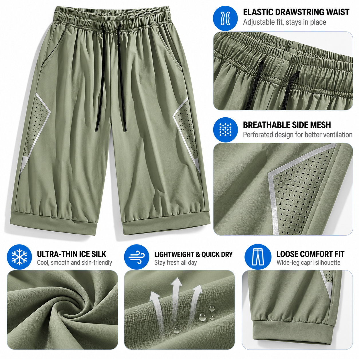 Men's Loose-Fit 3/4 Athletic Pants – Breathable Mesh Side Panel Summer Training Pants