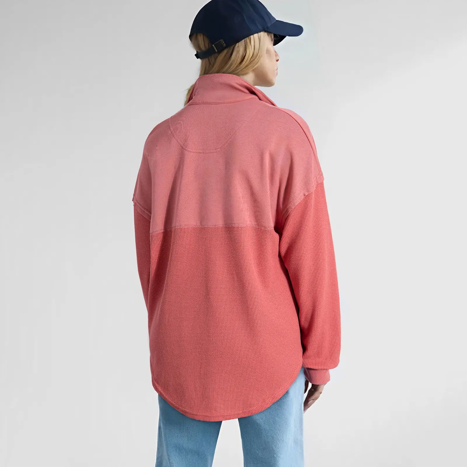 Women's Half-Zip Waffle Knit Pullover - Oversized Long Sleeve Casual Cotton Top