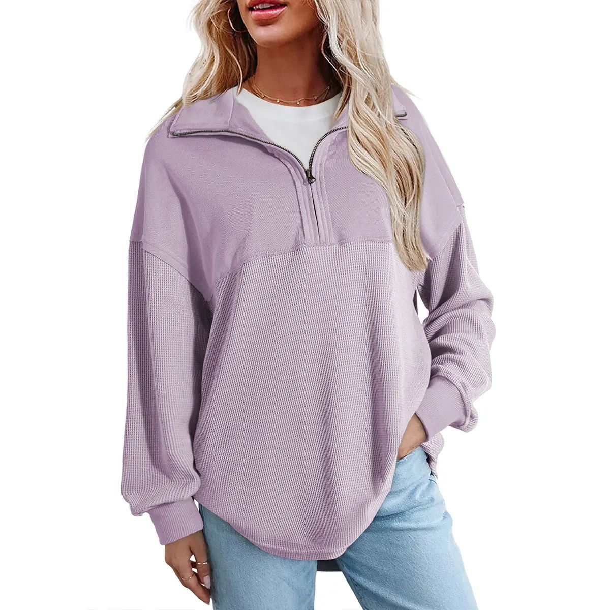Women's Half-Zip Waffle Knit Pullover - Oversized Long Sleeve Casual Cotton Top