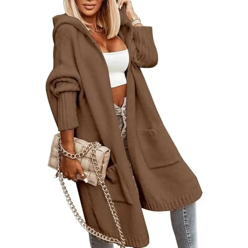 Womens Long Cardigans Cable Knitted Open Front Oversized Hooded Outerwear Sweater Coat