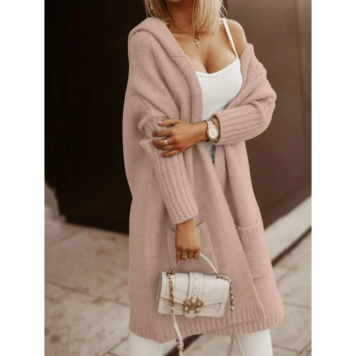 Womens Long Cardigans Cable Knitted Open Front Oversized Hooded Outerwear Sweater Coat
