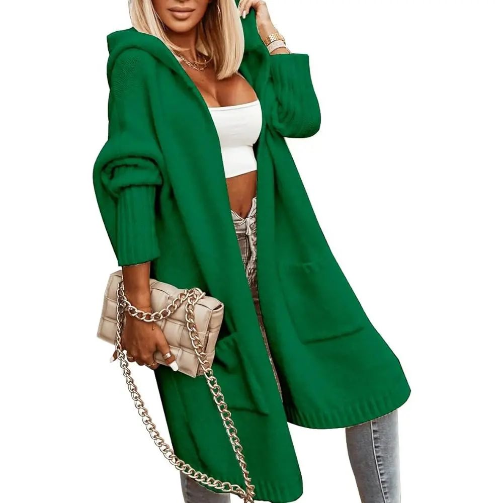 Womens Long Cardigans Cable Knitted Open Front Oversized Hooded Outerwear Sweater Coat