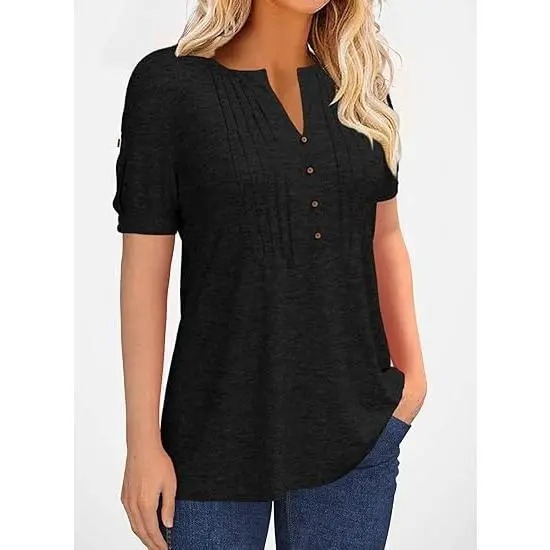 Women’s V Neck T Shirt – Casual Pleated Button Top, Loose Fit Short Sleeve Summer Tee