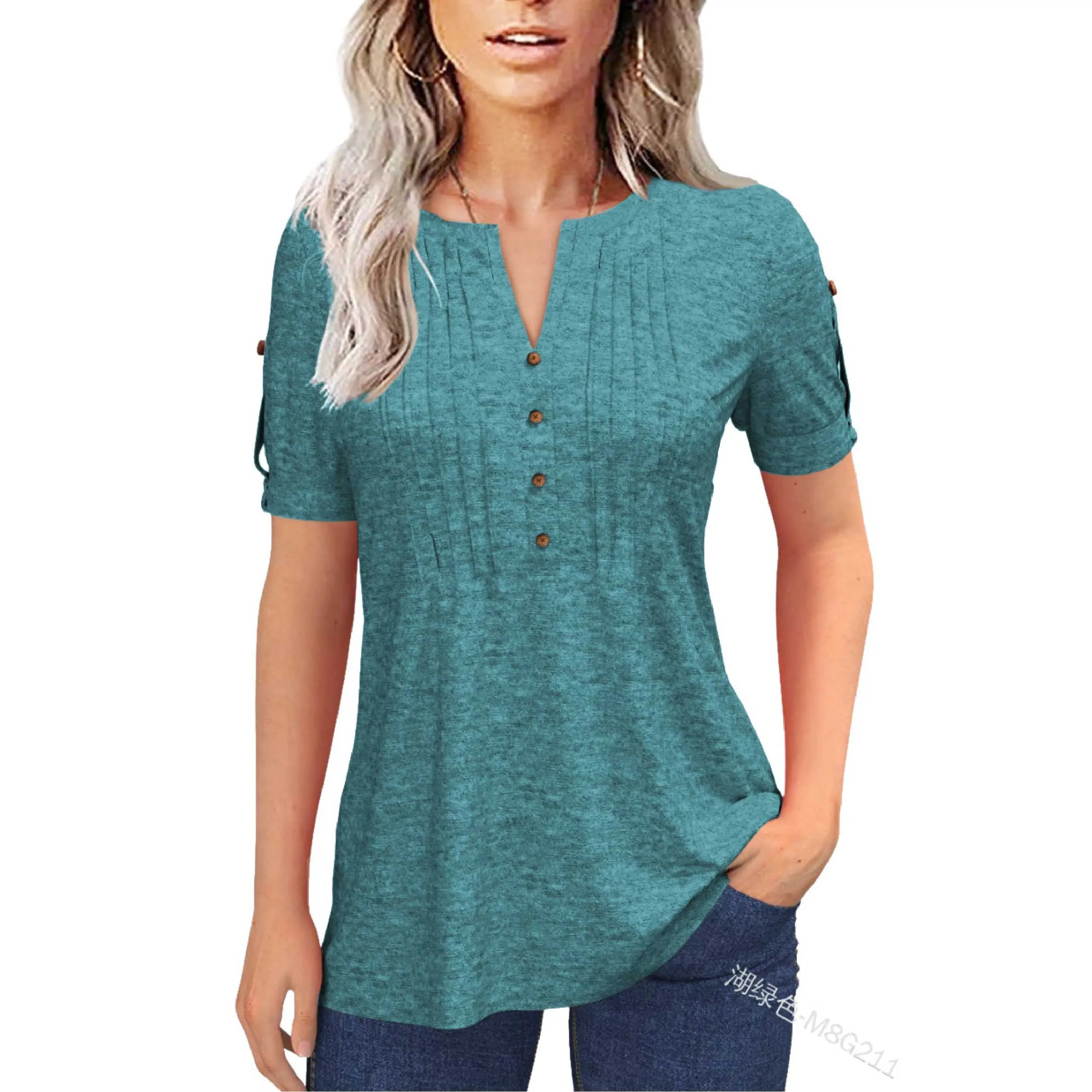 Women’s V Neck T Shirt – Casual Pleated Button Top, Loose Fit Short Sleeve Summer Tee