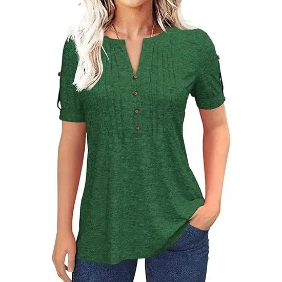 Women’s V Neck T Shirt – Casual Pleated Button Top, Loose Fit Short Sleeve Summer Tee
